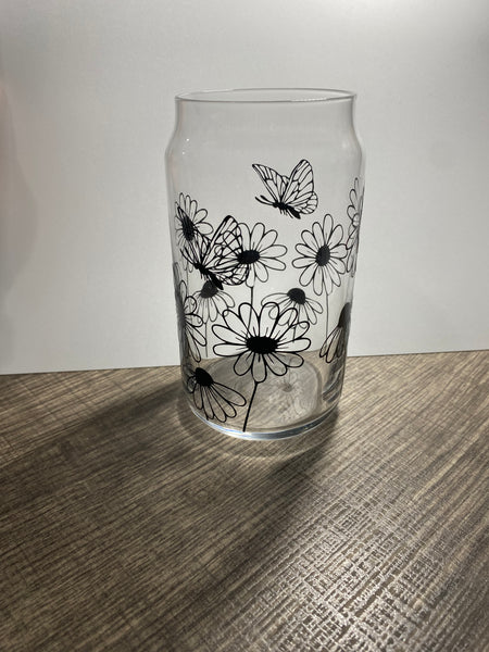Floral and Butterfly Glass Libbey 16 oz Beer Can Drinkware