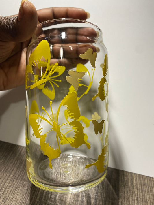 Yellow Butterfly Glass Libbey 16 oz Beer Can Drinkware