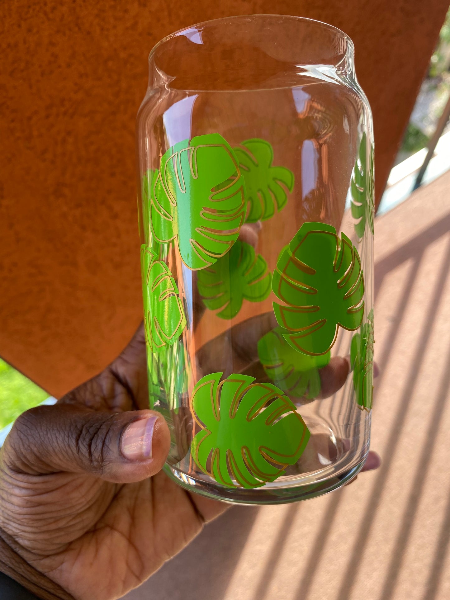 Green and Gold Monstera Leaf Glass Libbey Drinkware 16 oz