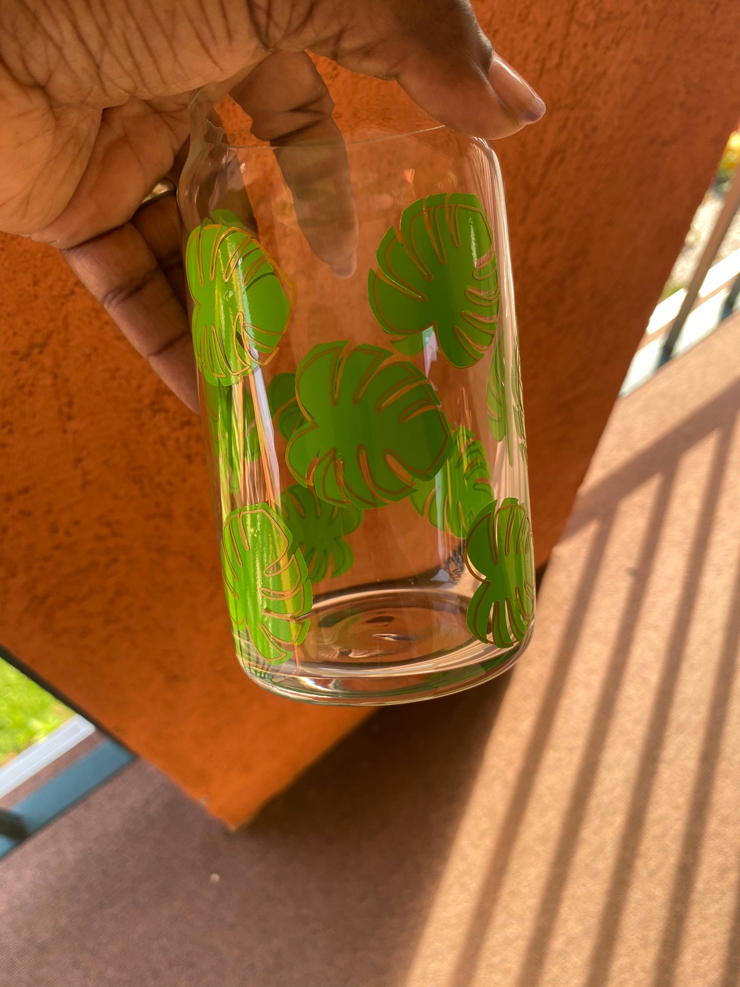 Green and Gold Monstera Leaf Glass Libbey Drinkware 16 oz