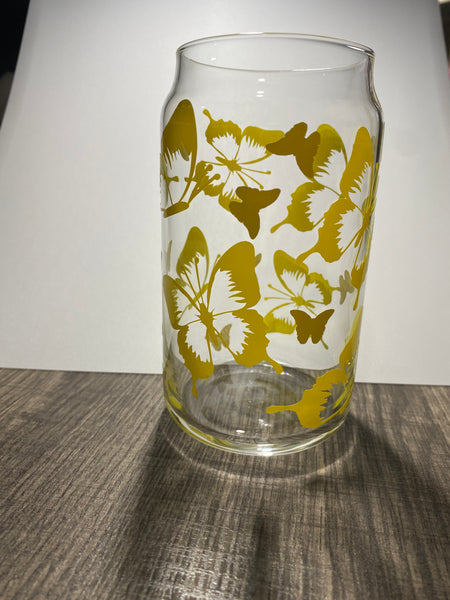 Yellow Butterfly Glass Libbey 16 oz Beer Can Drinkware